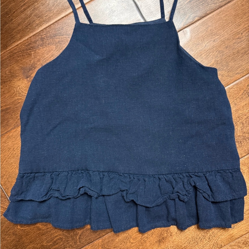 GB girls Navy Blue Linen Ruffle Top